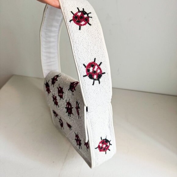 Beaded Lady Bug Lucky White Red Large Baguette Bag - Picture 13 of 14
